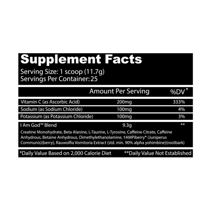 INSANE LABS I AM GOD PRE WORKOUT SERVINGS MULTIPLE FLAVORS SUPPLEMENTS FACTS